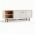 Meuble television en bois clair avec portes grises et pieds en métal 150 x 40 x 50cm