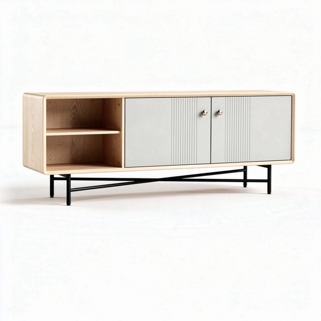 Meuble television en bois clair avec portes grises et pieds en métal 150 x 40 x 50cm