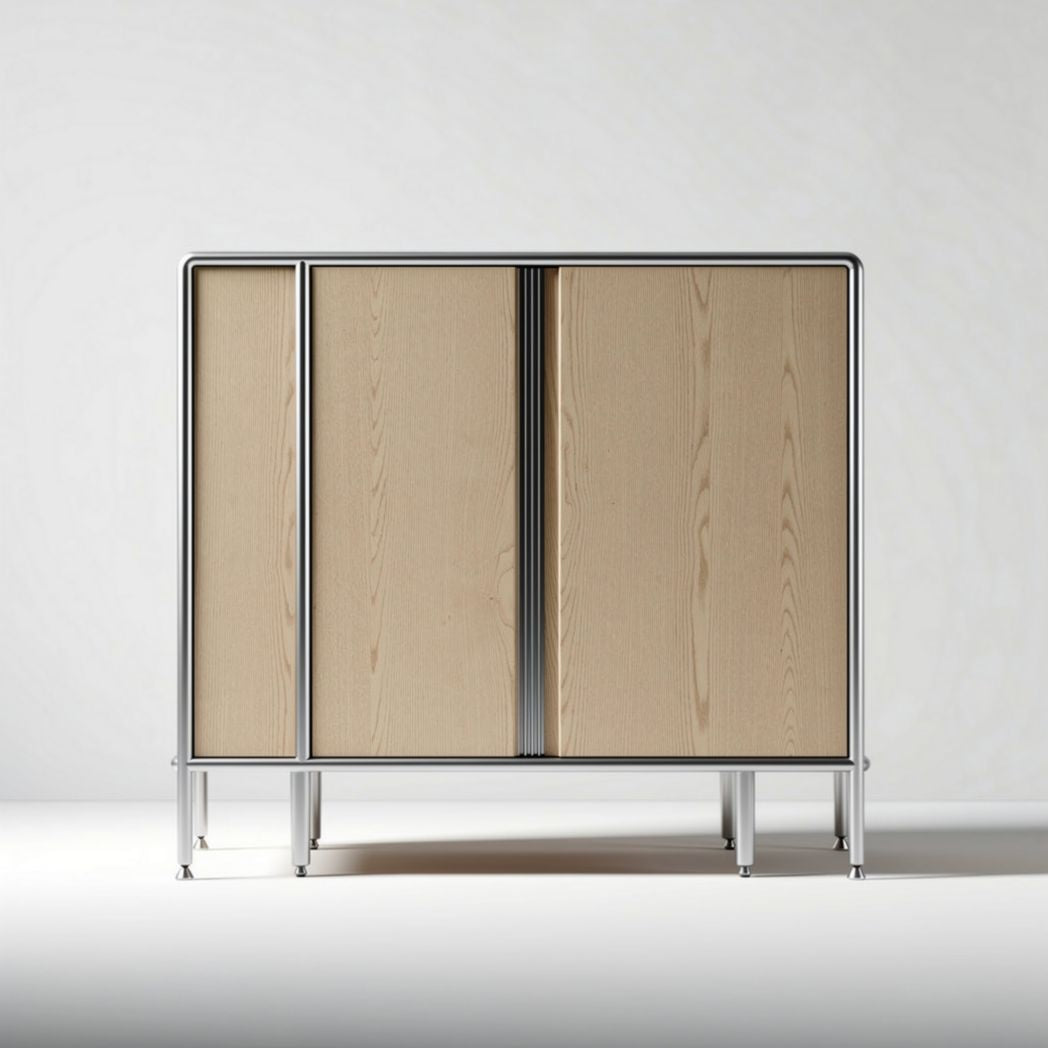 Buffet en bois clair avec portes coulissantes en métal 80 x 40 x 90cm