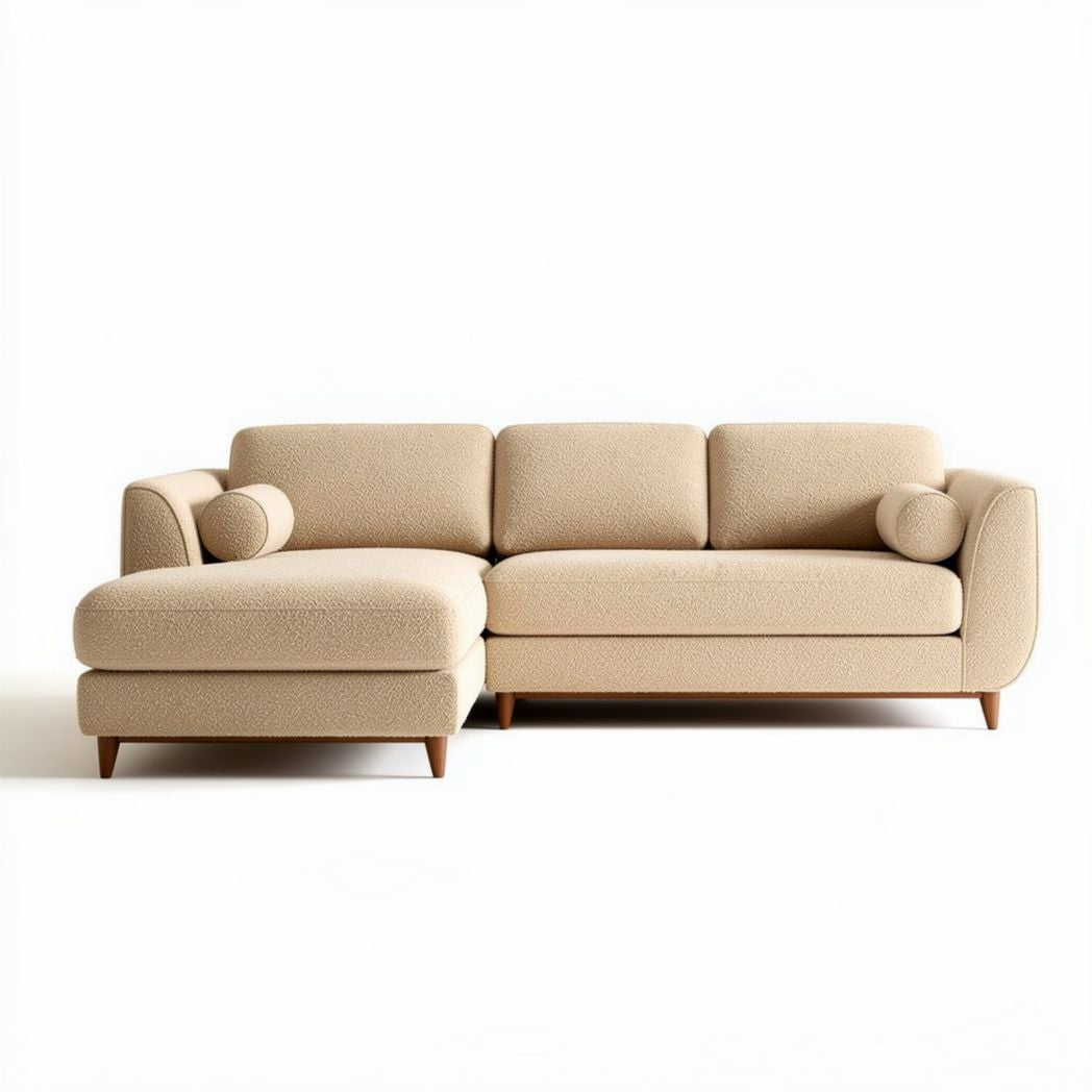 Canapé d'angle en tissu beige avec accoudoirs ronds dimensions 200 x 90 x 85cm