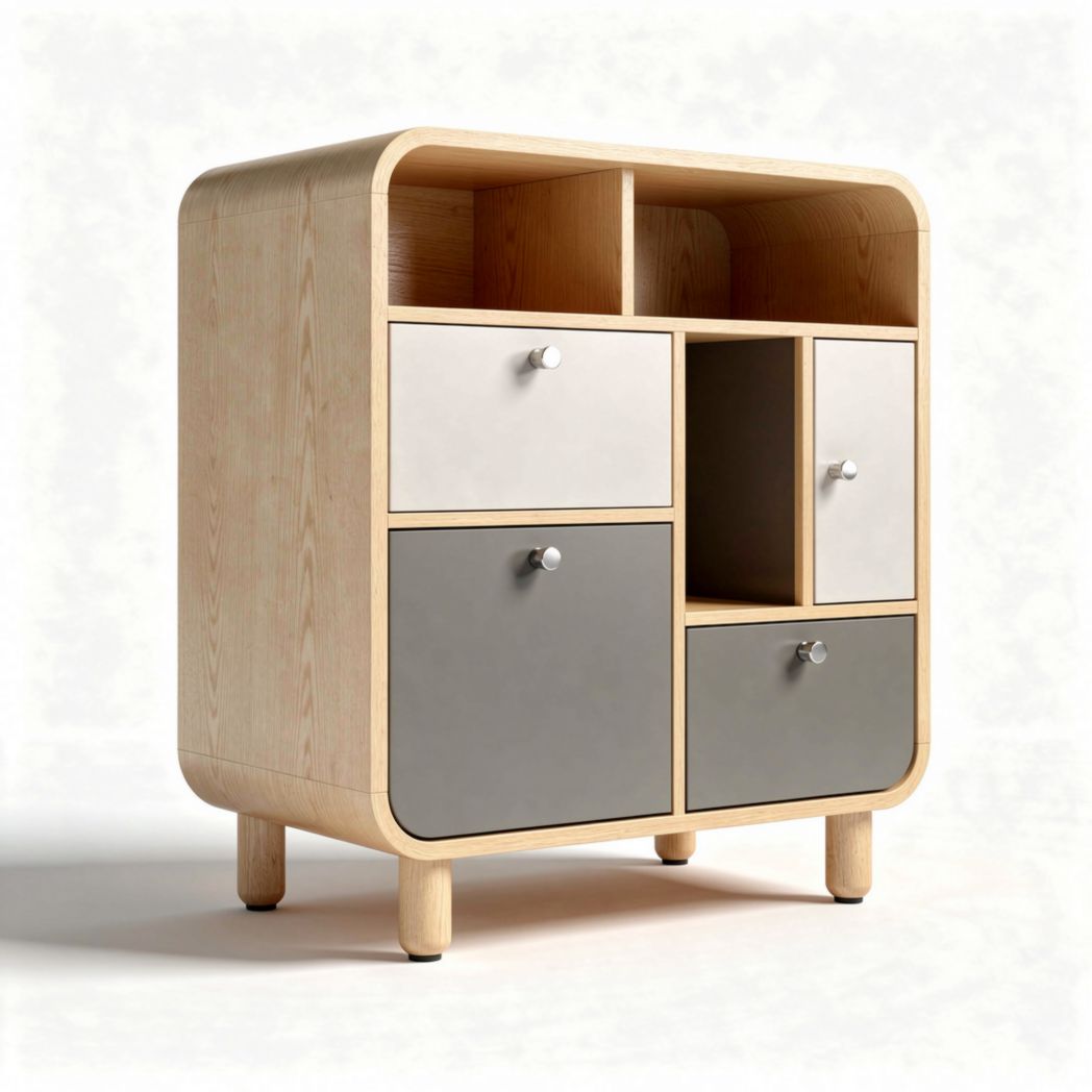 Meuble de rangement en bois clair avec trois tiroirs et compartiments ouverts 80 x 40 x 90cm