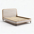 Lit en tissu beige avec cadre en bois et dimensions 200 x 160 x 100cm
