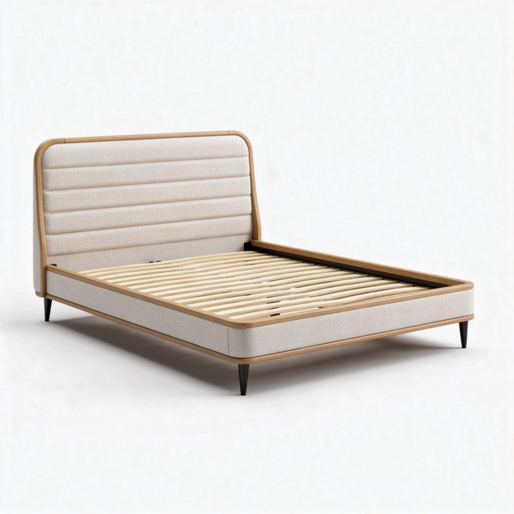 Lit en tissu beige avec cadre en bois et dimensions 200 x 160 x 100cm