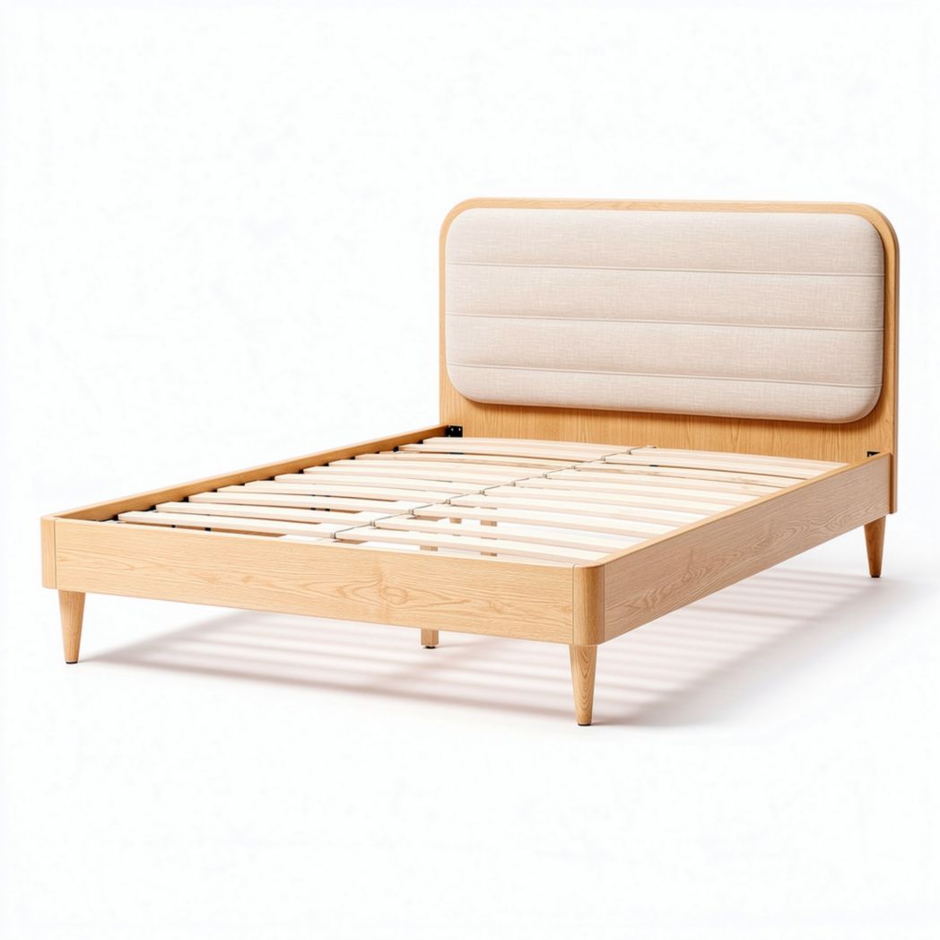 Lit en bois naturel avec tête de lit rembourrée en tissu beige 200 x 150 x 30cm