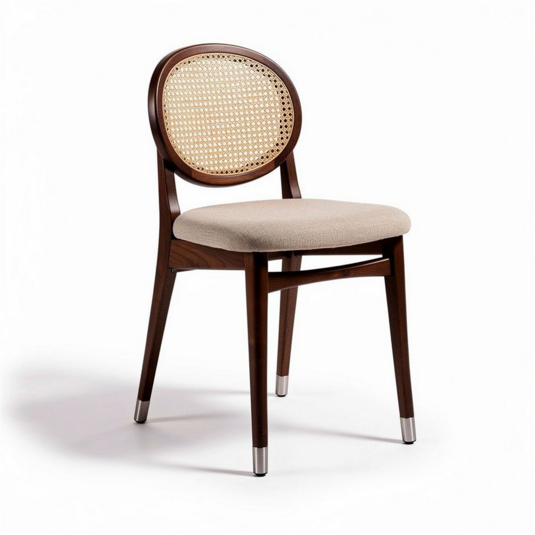 Chaise en bois avec dossier en rotin et assise en tissu beige 45 x 45 x 85cm